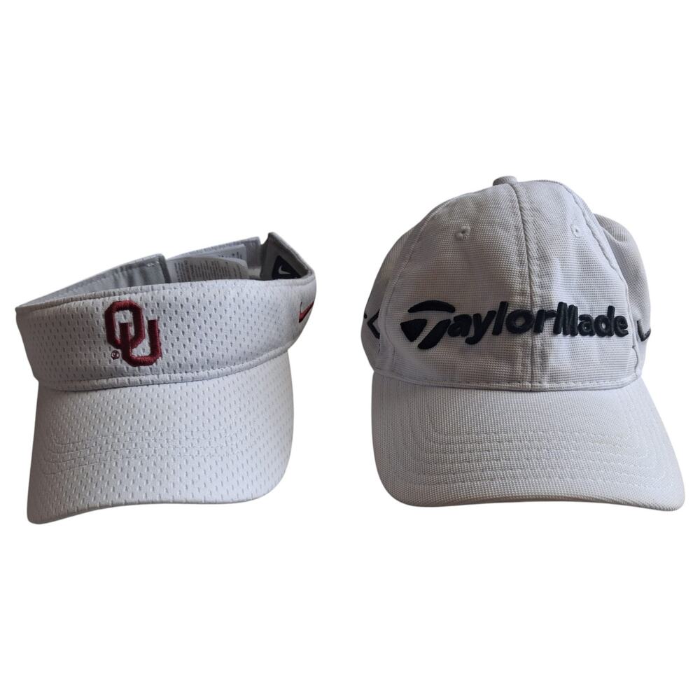 Lot of 2 Nike Dri-FIT OU Oklahoma Sooners Visor & TaylorMade Golf Hat White